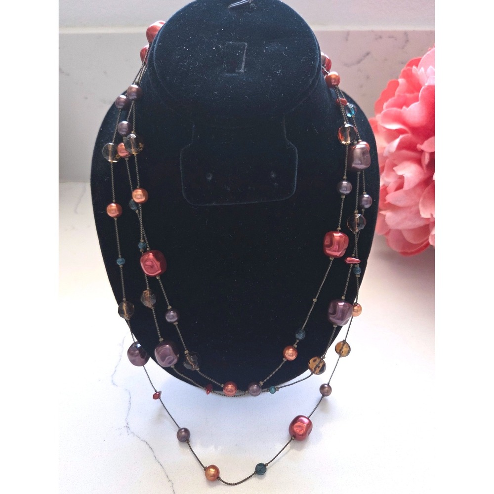 Extra Long Beaded Station Necklace Burgundy Copper Amber Tones 68 Inch